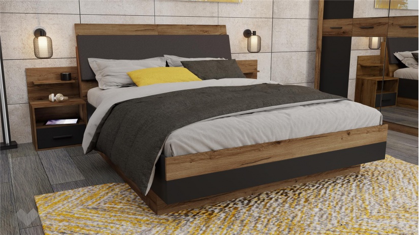 Спален комплект Легрия с включен матрак Бонел 160/200 кафяв дъб пиемона с черно шагре - изглед 3 - МебелМаг Спален комплект Легрия с включен матрак Бонел 160/200 кафяв дъб пиемона с черно шагре - изглед 3