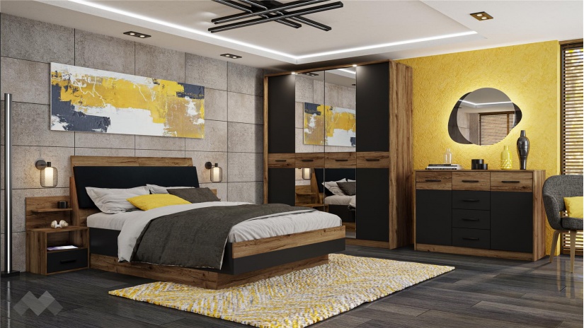 Спален комплект Легрия с включен матрак Бонел 160/200 кафяв дъб пиемона с черно шагре - изглед 1 - МебелМаг Спален комплект Легрия с включен матрак Бонел 160/200 кафяв дъб пиемона с черно шагре - изглед 1