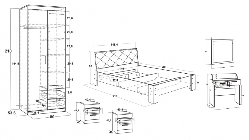 Спален комплект Моник M3 златен дъб с бяло - изглед 2 - МебелМаг Спален комплект Моник M3 златен дъб с бяло - изглед 2