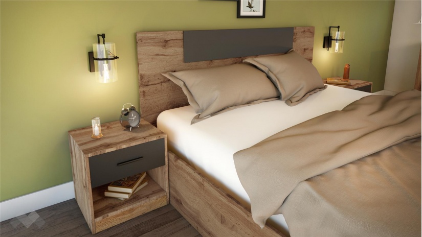 Спален комплект Олга с включен матрак Бонел 160/200 дъб дакота с графит - изглед 2 - МебелМаг Спален комплект Олга с включен матрак Бонел 160/200 дъб дакота с графит - изглед 2