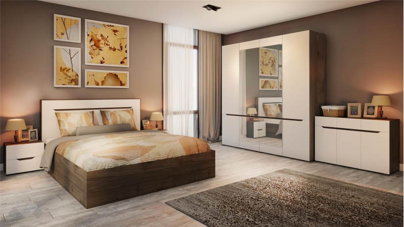 Спален комплект Санта Мария с включен матрак Бонел 160/200 орех адмирал със сатен - изглед 1 - МебелМаг Спален комплект Санта Мария с включен матрак Бонел 160/200 орех адмирал със сатен - изглед 1