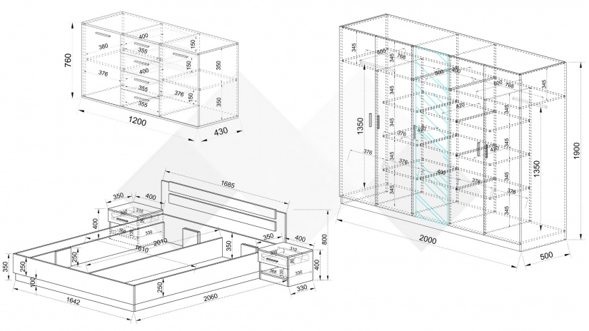 Спален комплект Скай K2 нардо сив - изглед 2 - МебелМаг Спален комплект Скай K2 нардо сив - изглед 2