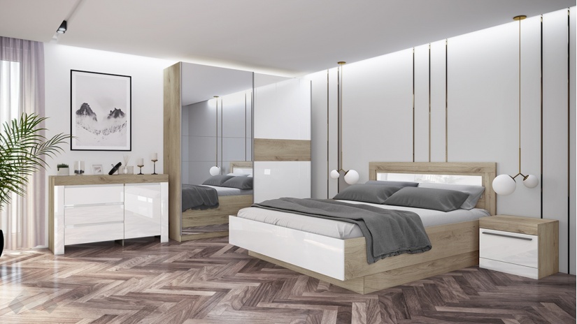 Спален комплект Ариа с включен матрак Бонел 160/200 сонома арвен с бяло гланц - изглед 1 - МебелМаг Спален комплект Ариа с включен матрак Бонел 160/200 сонома арвен с бяло гланц - изглед 1