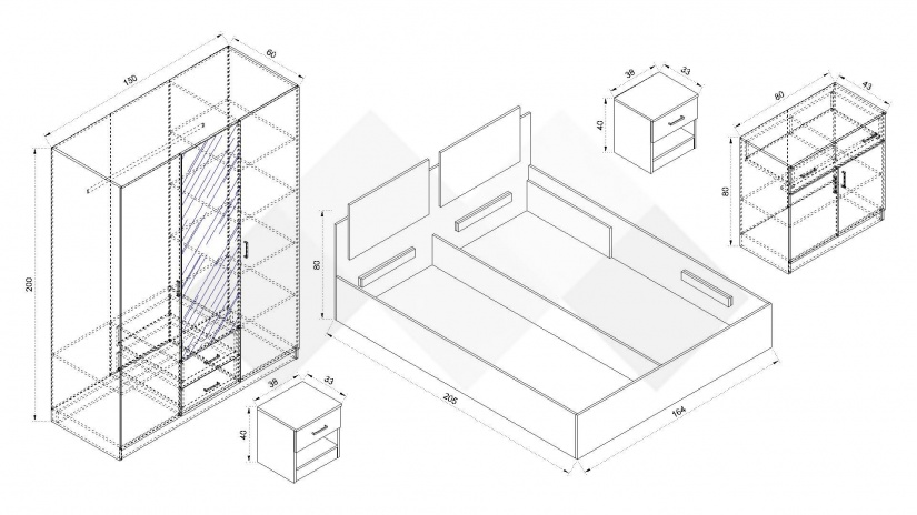 Спален комплект Дрийм с включен матрак Бонел 160/200 тъмен кедър с черно шагре - изглед 8 - МебелМаг Спален комплект Дрийм с включен матрак Бонел 160/200 тъмен кедър с черно шагре - изглед 8