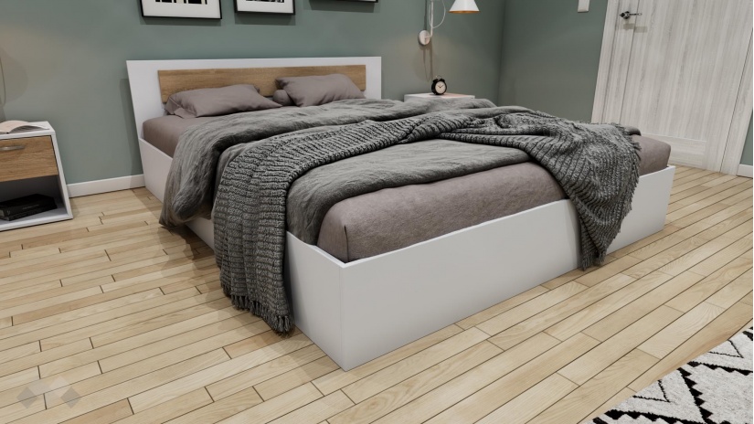 Спалня 160/200 Жизел с включен матрак Бонел 160/200 бяло гладко с дъб - изглед 1 - МебелМаг Спалня 160/200 Жизел с включен матрак Бонел 160/200 бяло гладко с дъб - изглед 1