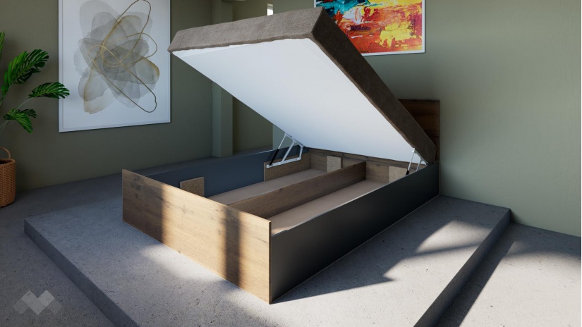 Спалня 140/200 Хироу с включен матрак Бонел 140/200 дъб вотан с черно шагре - изглед 2 - МебелМаг Спалня 140/200 Хироу с включен матрак Бонел 140/200 дъб вотан с черно шагре - изглед 2