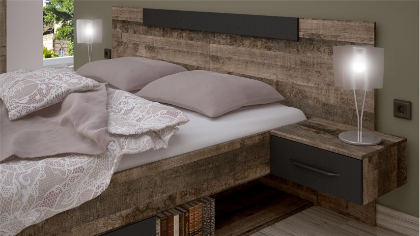 Спалня с нощни шкафчета 160/200 Каляри колониален дъб с черно - изглед 5 - МебелМаг Спалня с нощни шкафчета 160/200 Каляри колониален дъб с черно - изглед 5