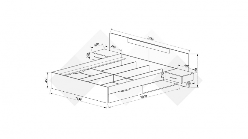 Спалня с нощни шкафчета 160/200 Каляри колониален дъб с черно - изглед 6 - МебелМаг Спалня с нощни шкафчета 160/200 Каляри колониален дъб с черно - изглед 6