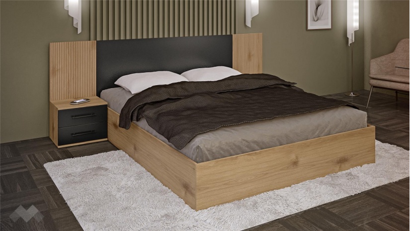 Спалня с нощни шкафчета 160/200 Ламела с включен матрак Бонел 160/200 дъб канела с дъб ламела и черно шагре - изглед 1 - МебелМаг Спалня с нощни шкафчета 160/200 Ламела с включен матрак Бонел 160/200 дъб канела с дъб ламела и черно шагре - изглед 1