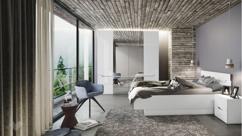 Спалня с нощни шкафчета 160/200 Ница бяло гладко с бяло гланц - изглед 3 - МебелМаг Спалня с нощни шкафчета 160/200 Ница бяло гладко с бяло гланц - изглед 3