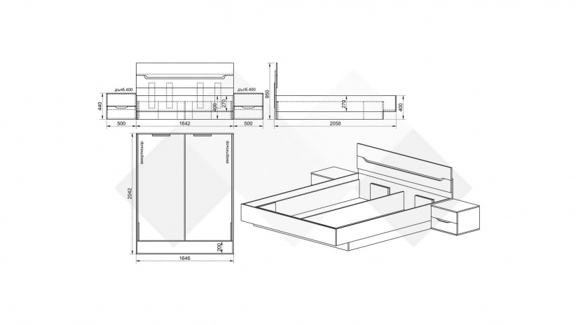 Спалня с нощни шкафчета 160/200 Ница бяло гладко с бяло гланц - изглед 2 - МебелМаг Спалня с нощни шкафчета 160/200 Ница бяло гладко с бяло гланц - изглед 2