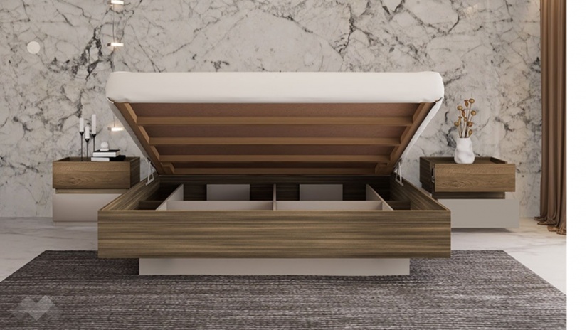 Спалня 160/200 Поситано дъб дилън тъмен с капучино мат и пасифик - изглед 2 - МебелМаг Спалня 160/200 Поситано дъб дилън тъмен с капучино мат и пасифик - изглед 2