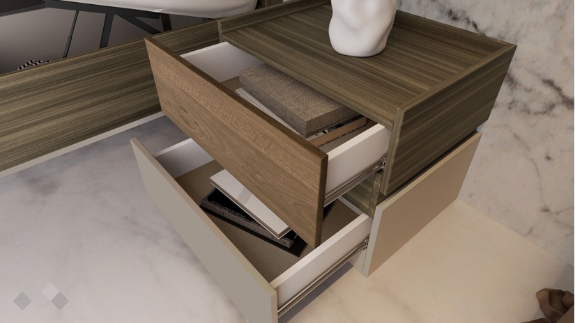 Спалня 160/200 Поситано дъб дилън тъмен с капучино мат и пасифик - изглед 4 - МебелМаг Спалня 160/200 Поситано дъб дилън тъмен с капучино мат и пасифик - изглед 4