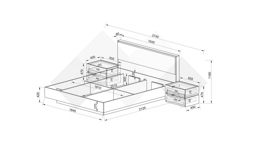 Спалня 160/200 Поситано дъб дилън тъмен с капучино мат и пасифик - изглед 6 - МебелМаг Спалня 160/200 Поситано дъб дилън тъмен с капучино мат и пасифик - изглед 6