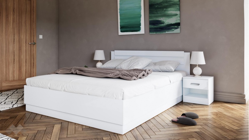 Спалня с нощни шкафчета 160/200 Шайн с включен матрак Бонел 160/200 бял гланц с бяло - изглед 1