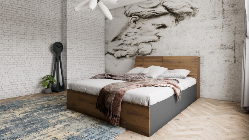 Спалня с ракла 160/200 Димана с включен матрак Бонел 160/200 дъб вотан с черно шагре - изглед 1 - МебелМаг Спалня с ракла 160/200 Димана с включен матрак Бонел 160/200 дъб вотан с черно шагре - изглед 1