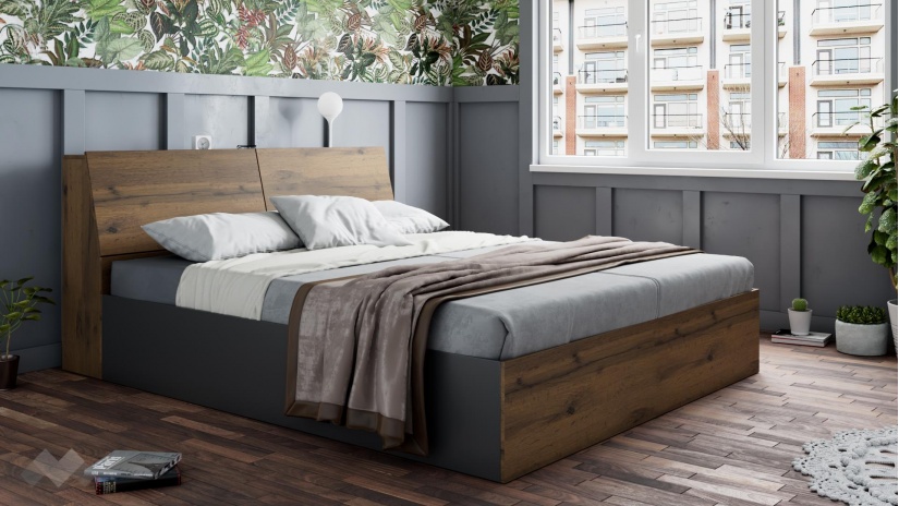 Спалня с ракла 180/200 Хироу с включен матрак Бонел 180/200 дъб вотан с черно шагре - изглед 1 - МебелМаг Спалня с ракла 180/200 Хироу с включен матрак Бонел 180/200 дъб вотан с черно шагре - изглед 1