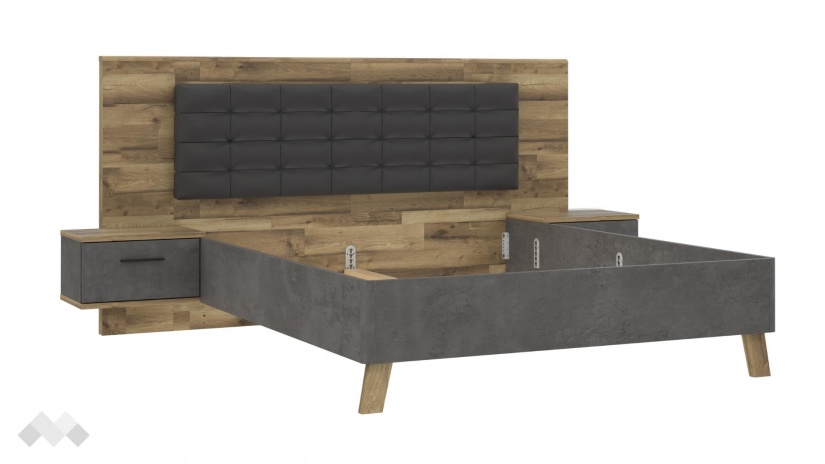 Спалня с нощни шкафчета 160/200 Ричиано с включен матрак Бонел 160/200 бетон с дъб став - изглед 2 - МебелМаг Спалня с нощни шкафчета 160/200 Ричиано с включен матрак Бонел 160/200 бетон с дъб став - изглед 2