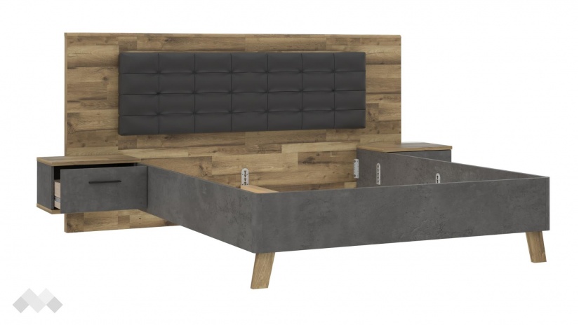 Спалня с нощни шкафчета 160/200 Ричиано с включен матрак Бонел 160/200 бетон с дъб став - изглед 3 - МебелМаг Спалня с нощни шкафчета 160/200 Ричиано с включен матрак Бонел 160/200 бетон с дъб став - изглед 3