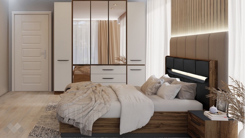 Спален комплект Норел кафяв дъб пиемона със сатен и графит - изглед 1