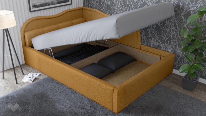 Тапицирана спалня 140/200 Андреа с включен матрак Бонел 140/200 горчица - изглед 2 - МебелМаг Тапицирана спалня 140/200 Андреа с включен матрак Бонел 140/200 горчица - изглед 2