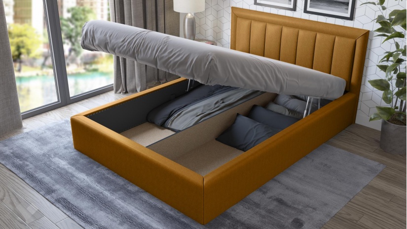 Тапицирана спалня 140/200 Бори с включен матрак Бонел 140/200 горчица - изглед 2 - МебелМаг Тапицирана спалня 140/200 Бори с включен матрак Бонел 140/200 горчица - изглед 2