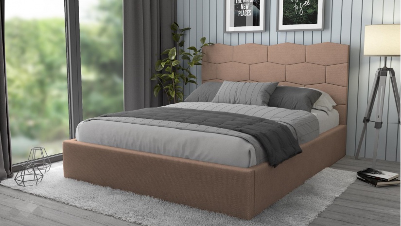 Тапицирана спалня 160/200 Сияна с включен матрак Бонел 160/200 светло кафява - изглед 1 - МебелМаг Тапицирана спалня 160/200 Сияна с включен матрак Бонел 160/200 светло кафява - изглед 1