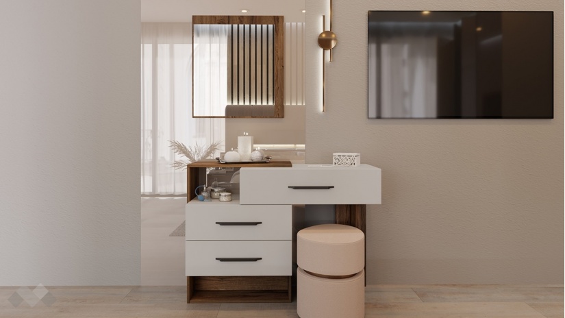 Тоалетка Норел кафяв дъб пиемона със сатен и графит - изглед 2 - МебелМаг Тоалетка Норел кафяв дъб пиемона със сатен и графит - изглед 2