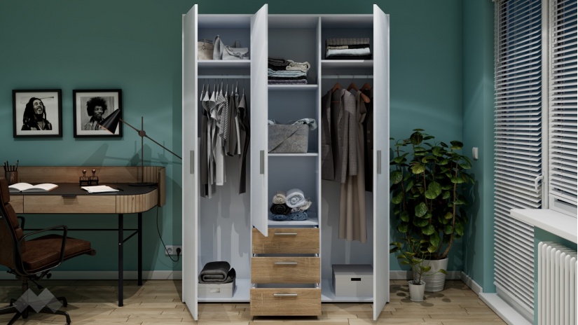 Гардероб Жизел трикрилни бяло гладко с дъб сонома - изглед 2