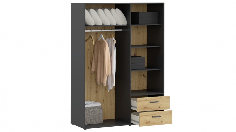 Гардероб Мониса трикрилни дъб артисан с черно - изглед 7 - МебелМаг Гардероб Мониса трикрилни дъб артисан с черно - изглед 7