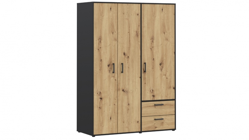 Гардероб Мониса трикрилни дъб артисан с черно - изглед 2 - МебелМаг Гардероб Мониса трикрилни дъб артисан с черно - изглед 2