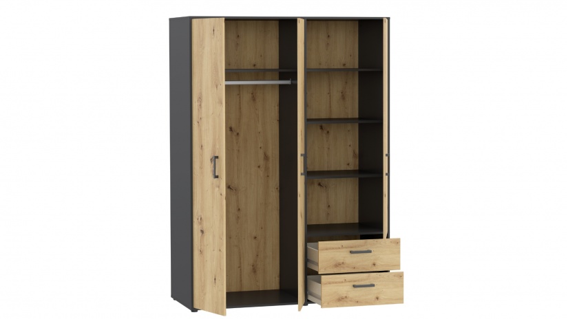 Гардероб Мониса трикрилни дъб артисан с черно - изглед 5 - МебелМаг Гардероб Мониса трикрилни дъб артисан с черно - изглед 5