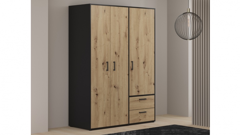 Гардероб Мониса трикрилни дъб артисан с черно - изглед 1 - МебелМаг Гардероб Мониса трикрилни дъб артисан с черно - изглед 1