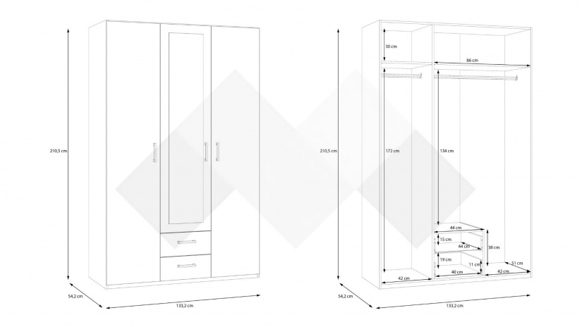 Гардероб Беатрис трикрилни бял - изглед 7