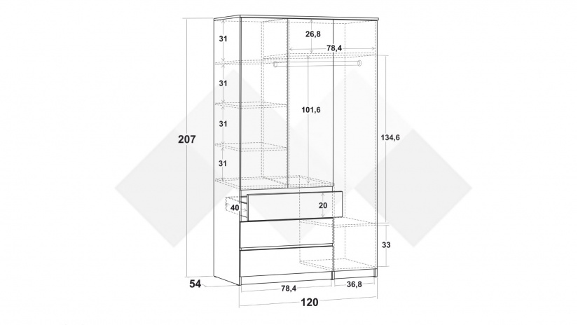 Гардероб Никола трикрилни златен дъб с антрацит - изглед 3 - МебелМаг Гардероб Никола трикрилни златен дъб с антрацит - изглед 3