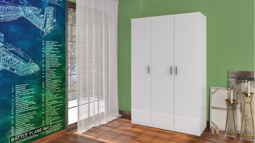 Гардероб Шайн трикрилни бял гланц - изглед 2