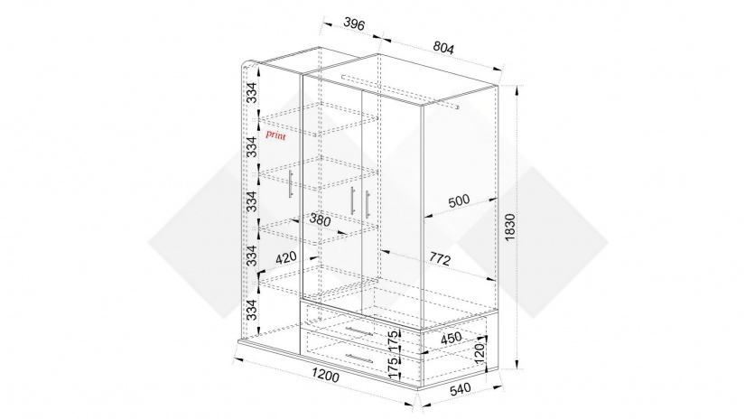 Гардероб Тунис трикрилни тъмна сонома с бяло гладко - изглед 5 - МебелМаг Гардероб Тунис трикрилни тъмна сонома с бяло гладко - изглед 5