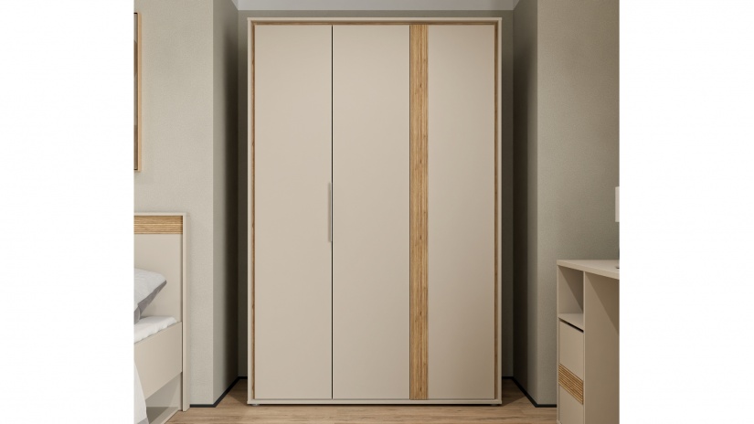 Гардероб Векслин трикрилни пясък с дъб маувела - изглед 1 - МебелМаг Гардероб Векслин трикрилни пясък с дъб маувела - изглед 1