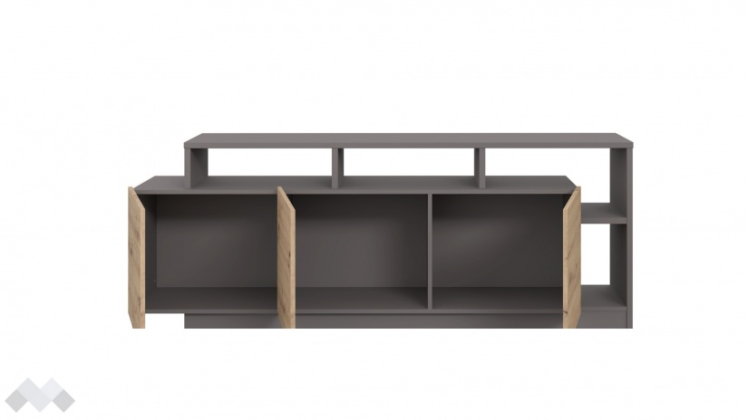 ТВ шкаф Ариса с открити рафтове дъб артисан със сиво - изглед 3