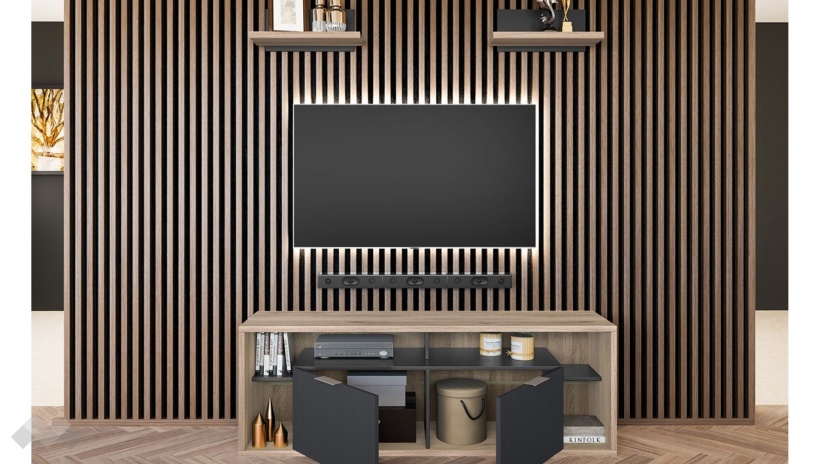 ТВ шкаф Фамо модулен сонома арвен с графит и карбон мат - изглед 2 - МебелМаг ТВ шкаф Фамо модулен сонома арвен с графит и карбон мат - изглед 2