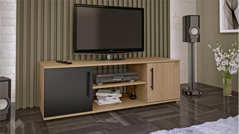 ТВ шкаф Ламела с открити рафтове дъб канела с дъб ламела и черно шагре - изглед 2