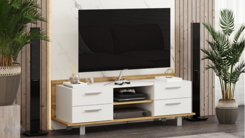 ТВ шкаф Модика с открити рафтове златен дъб с бяло - изглед 1