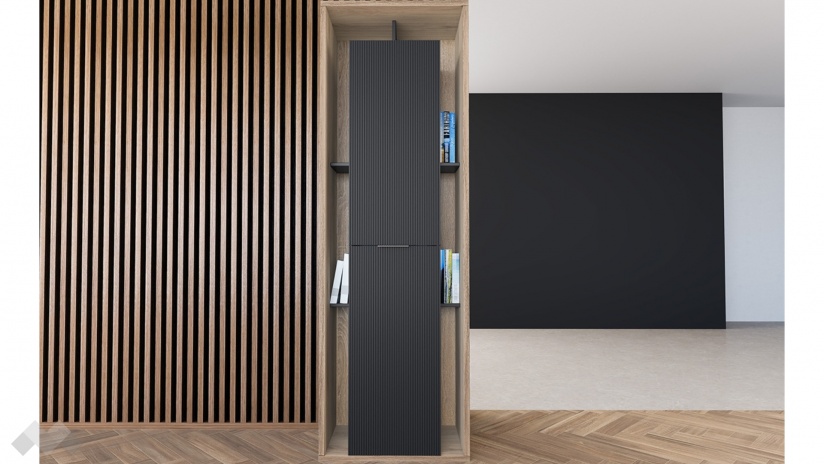 Висок шкаф с две врати Фамо сонома арвен с графит и карбон мат - изглед 1 - МебелМаг Висок шкаф с две врати Фамо сонома арвен с графит и карбон мат - изглед 1