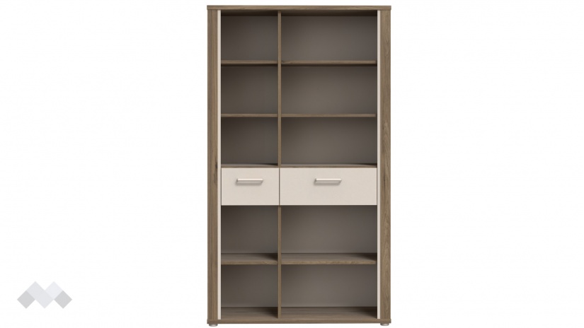 Висок шкаф с две чекмеджета Дейлос с открити рафтове дъб валенсия с крем - изглед 2 - МебелМаг Висок шкаф с две чекмеджета Дейлос с открити рафтове дъб валенсия с крем - изглед 2