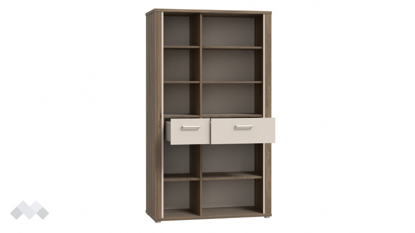 Висок шкаф с две чекмеджета Дейлос с открити рафтове дъб валенсия с крем - изглед 4 - МебелМаг Висок шкаф с две чекмеджета Дейлос с открити рафтове дъб валенсия с крем - изглед 4