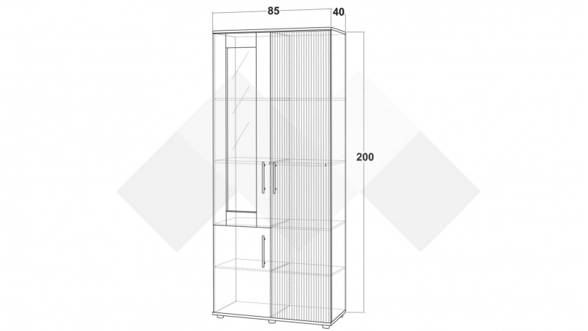 Висок шкаф с витрина Ламела дъб канела с дъб ламела и черно шагре - изглед 3 - МебелМаг Висок шкаф с витрина Ламела дъб канела с дъб ламела и черно шагре - изглед 3