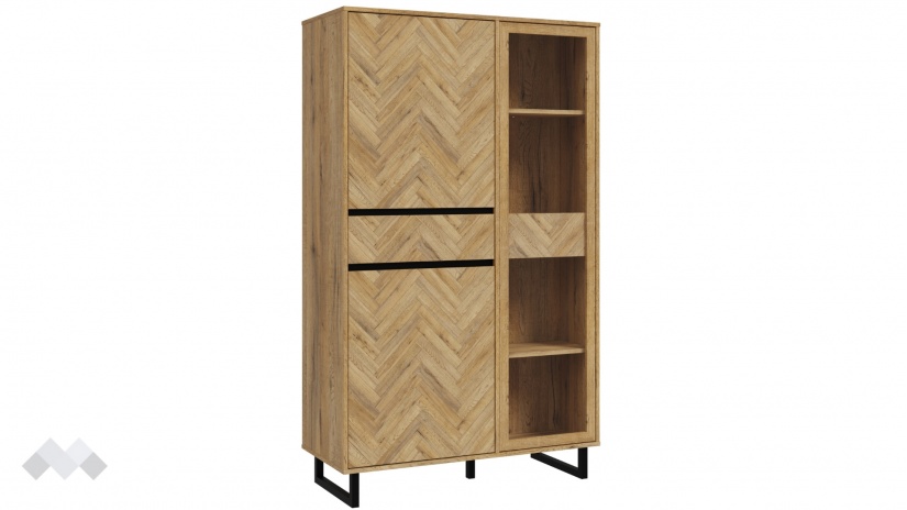 Висок шкаф с витрина Никодис с витрина дъб натурал с черен мат и житен дъб - изглед 3