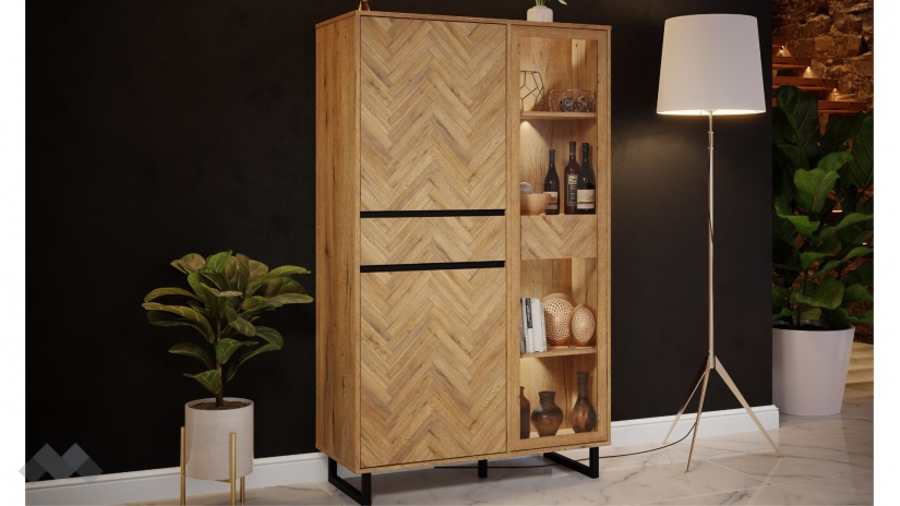 Висок шкаф с витрина Никодис с витрина дъб натурал с черен мат и житен дъб - изглед 1