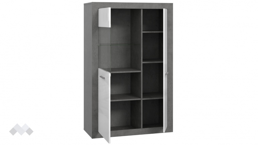 Висок шкаф с две врати Требия с витрина сиво с бял гланц - изглед 5