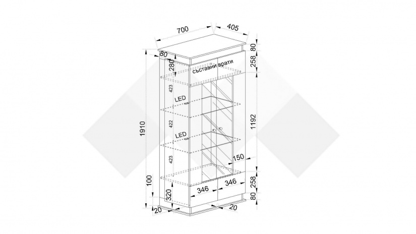 Висок шкаф с витрина Купър песаро с графит - изглед 2 - МебелМаг Висок шкаф с витрина Купър песаро с графит - изглед 2